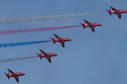 The Royal Air Force Aerobatic Team in flight.