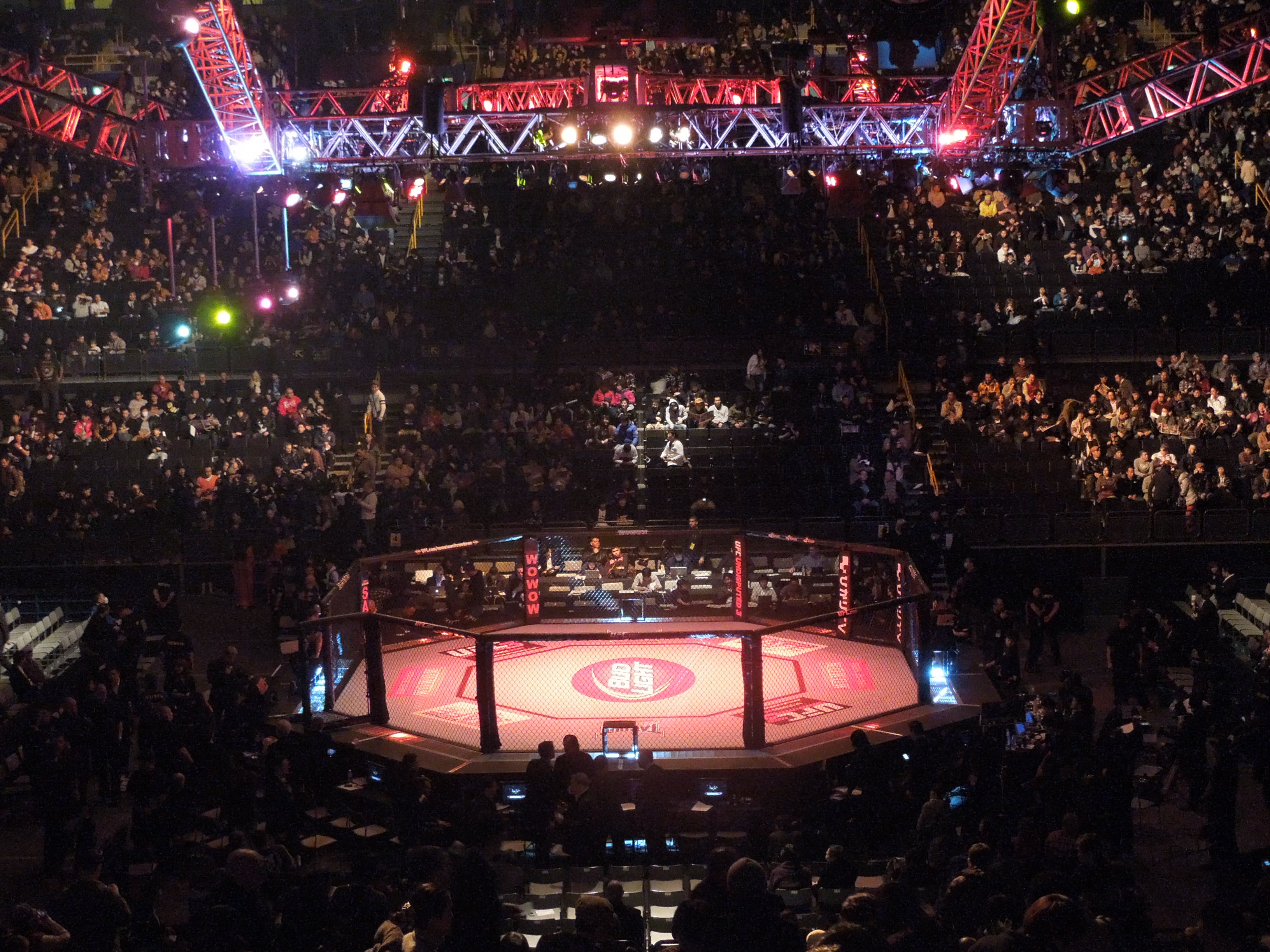 A view of an MMA octagon surrounded by fans