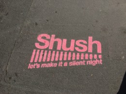 The Shush campaign logo spray painted on the streets of the West End area to encourage people to keep the noise to a low level.