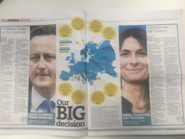 A picture of an inside page with a graphic of Europe. David Cameron the Prime Minister and art teacher Emma Thurston.