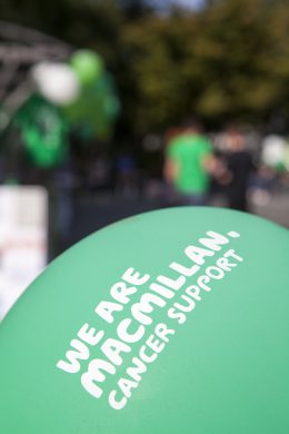 A balloon saying "we are Macmillan cancer support"