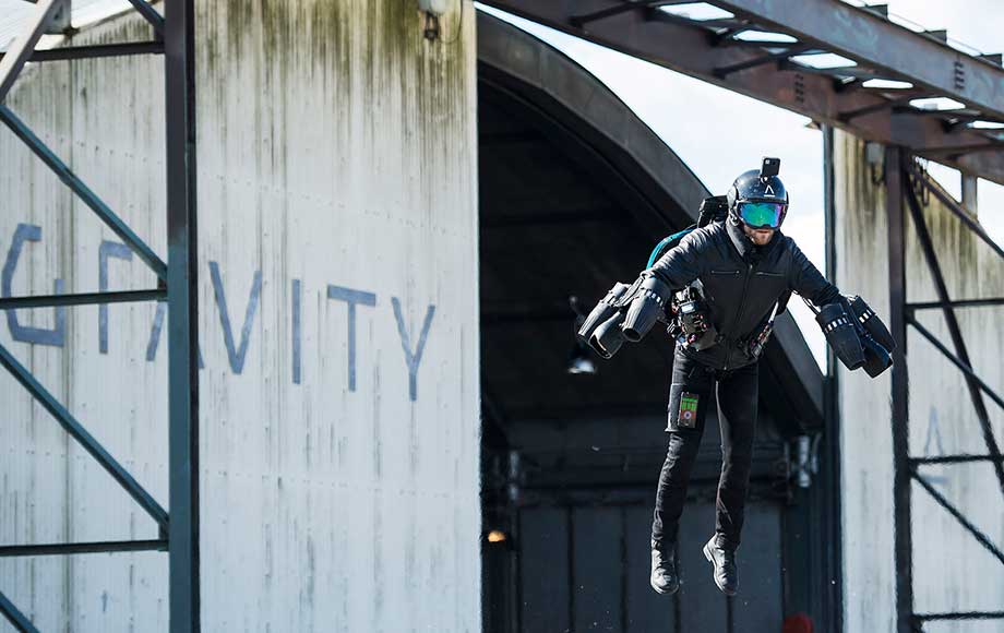 Richard in his jet pack suit outside Gravity HQ. Photo: Gravity Industries