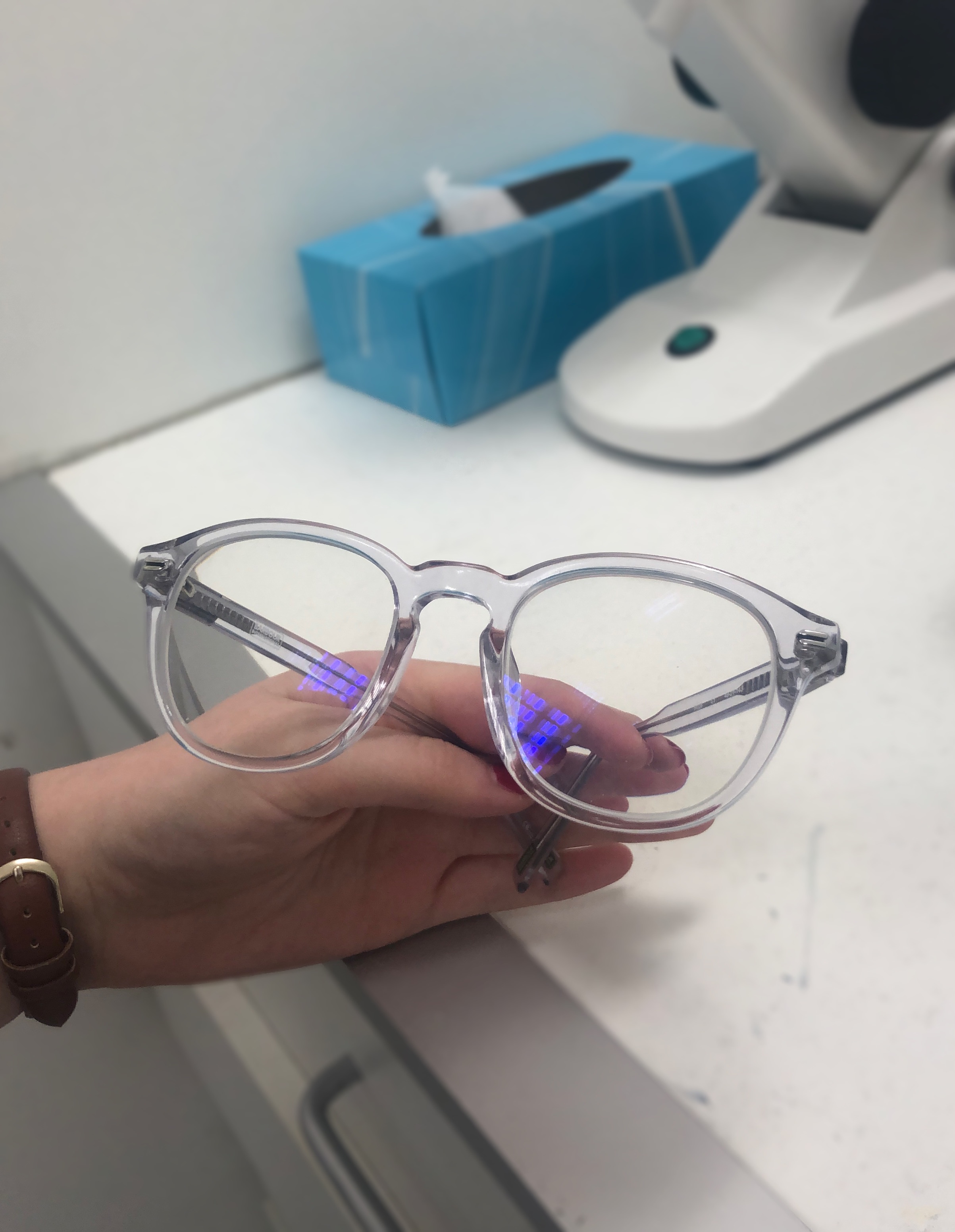 Blue light glasses shield the eye from the harmful rays emitted by digital devices. Here is one example from the range carried by Boots Opticians.