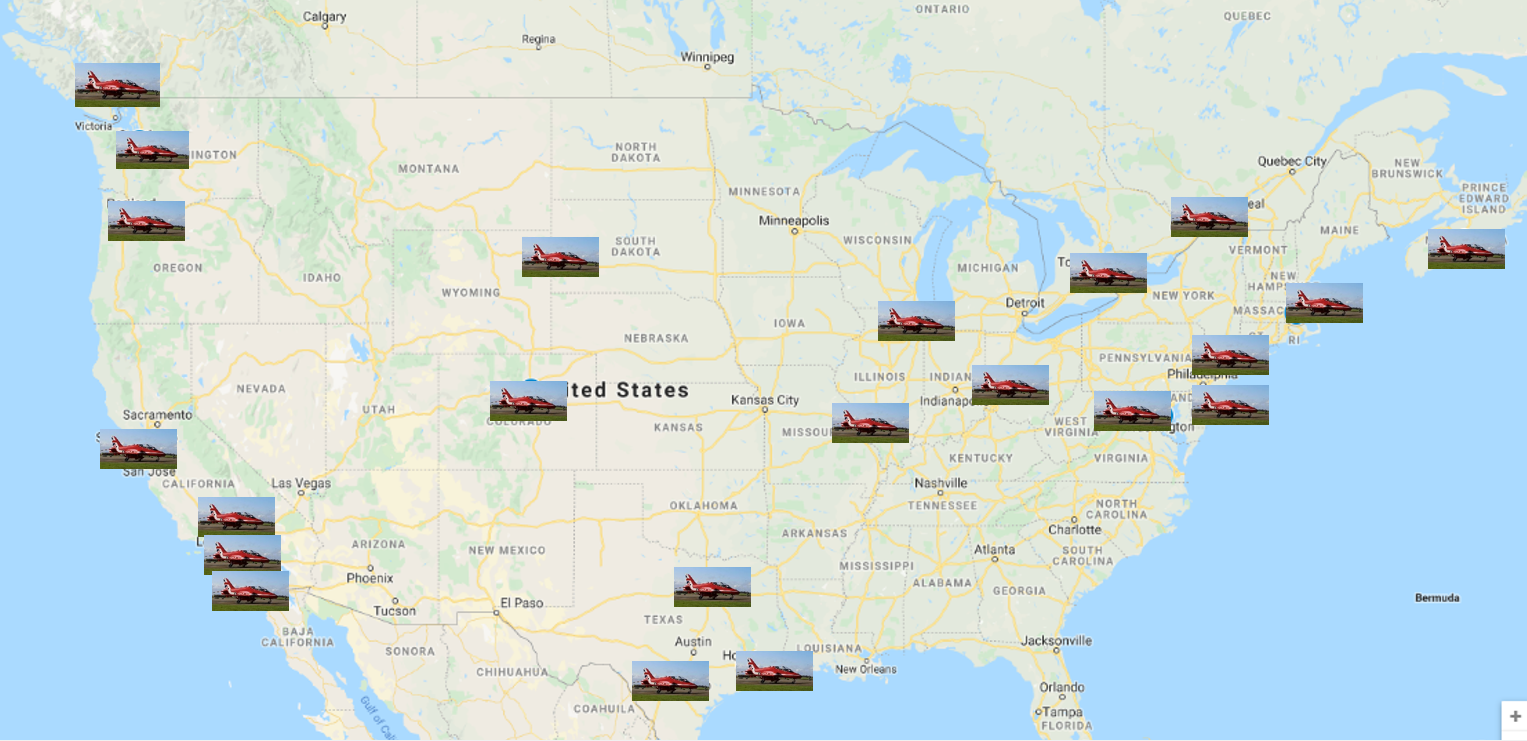 Map of America showing Red Arrows visitation spots