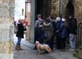 Dog stands with owner on guided tour