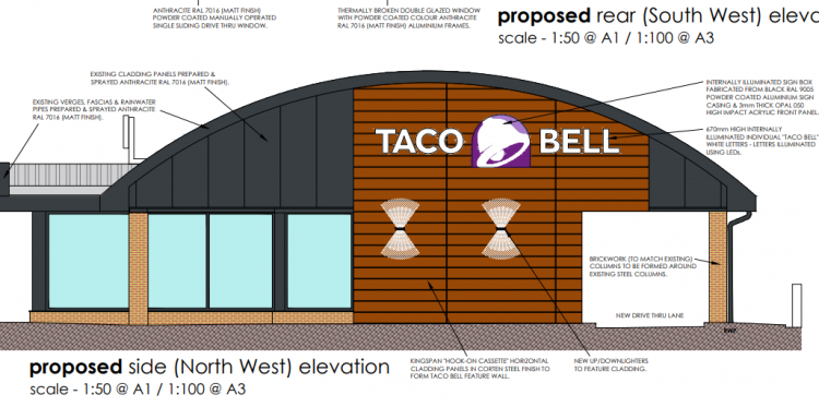 Artist's impression of the front of the restaurant with drive-thru lane.
