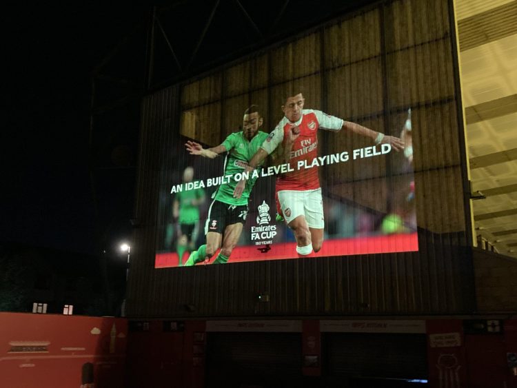 Lincoln City's LNER Stadium was projected with the image for the FA Cup 150th anniversary celebration 
Photo Credit - Finley Cannon