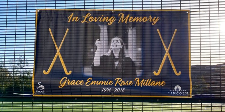 Tribute to Grace Millane outside the University of Lincoln Sport Centre