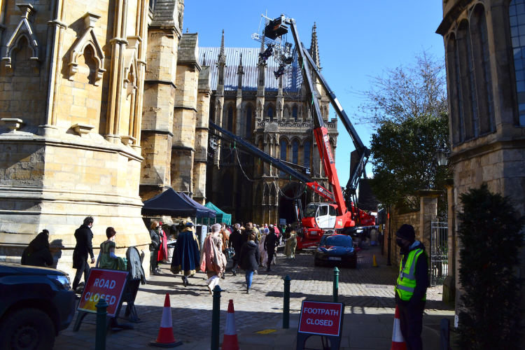 Filming outside Lincoln Cathedral. Photo: Joshua Addison